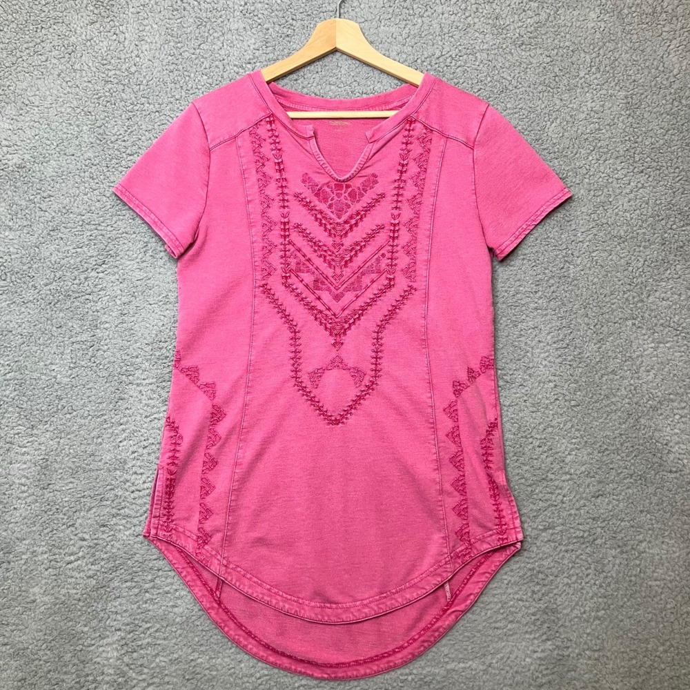 RuffHewn Tunic Top Women S Pink Mineral Wash High Low Boho Embroidery V-Neck Tee
